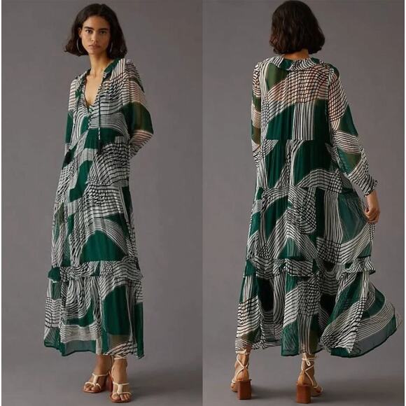 Anthropologie Dresses & Skirts - Anthropologie XS Marais Geometric Printed Sheer Chiffon Maxi Dress Boho Green